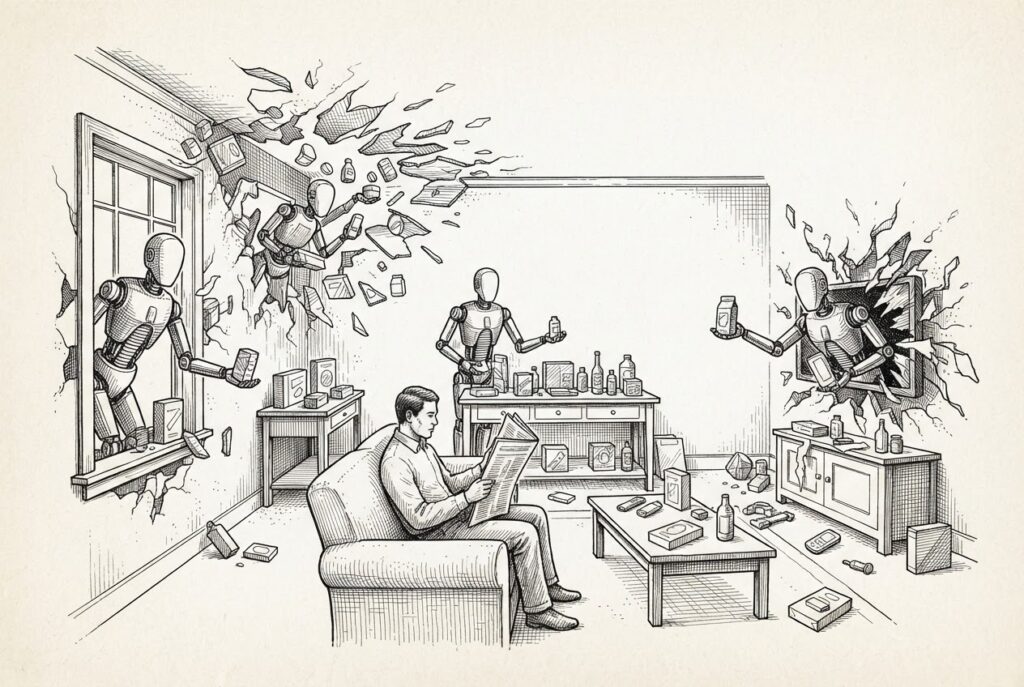 Monochrome pen-and-ink engraving of a domestic living room whose walls are dissolving and opening up, with faceless agent figures emerging through the boundaries to present products on the TV, tables, and window sill, while a person sits on a couch largely unaware - the commerce surface expanding beyond the merchant's controlled environment.