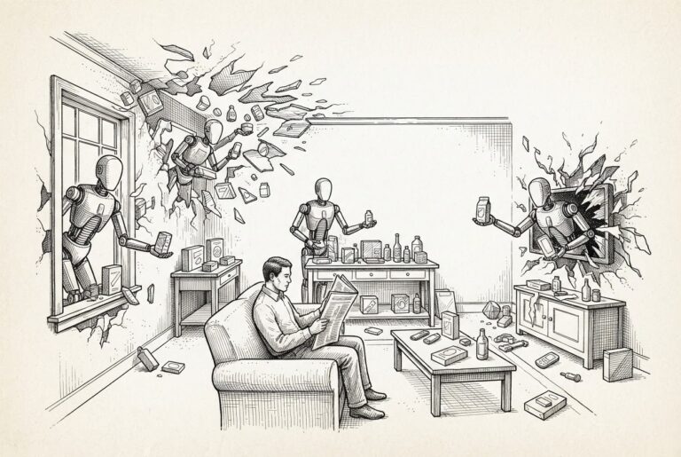 Monochrome pen-and-ink engraving of a domestic living room whose walls are dissolving and opening up, with faceless agent figures emerging through the boundaries to present products on the TV, tables, and window sill, while a person sits on a couch largely unaware - the commerce surface expanding beyond the merchant's controlled environment.
