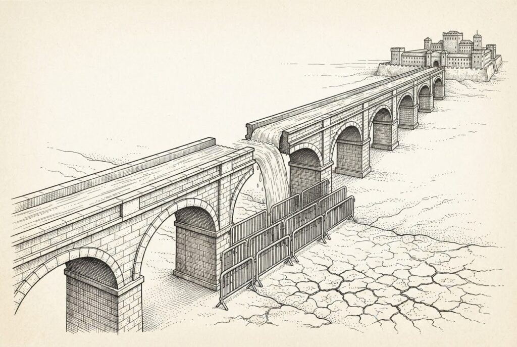 A grand stone aqueduct carrying intelligence toward a fortified government building is deliberately severed midway, with water spilling onto cracked dry ground below and barriers blocking the flow - the safety guardrails interrupting the pipeline