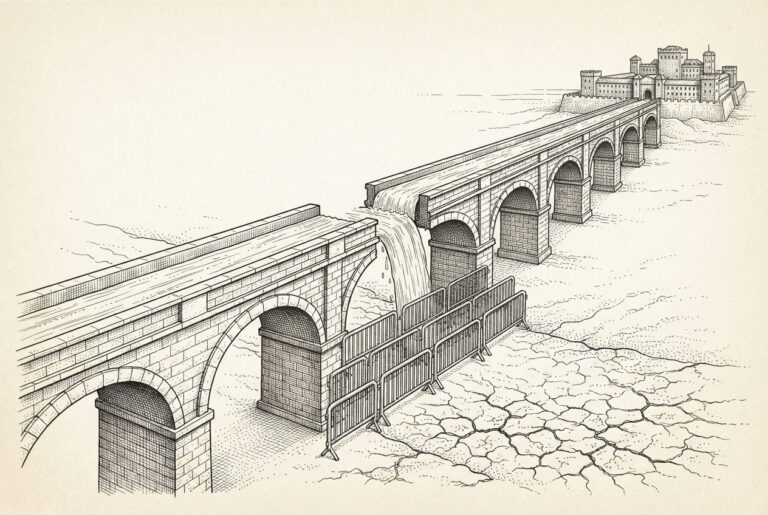 A grand stone aqueduct carrying intelligence toward a fortified government building is deliberately severed midway, with water spilling onto cracked dry ground below and barriers blocking the flow - the safety guardrails interrupting the pipeline