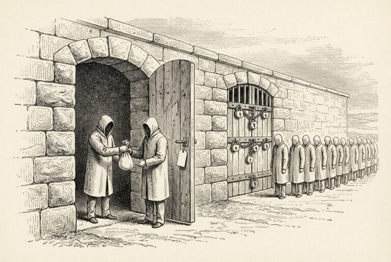 Engraved illustration of a stone wall with two gates: one open where a blank money bag changes hands, one locked with six padlocks while a long line of figures waits.