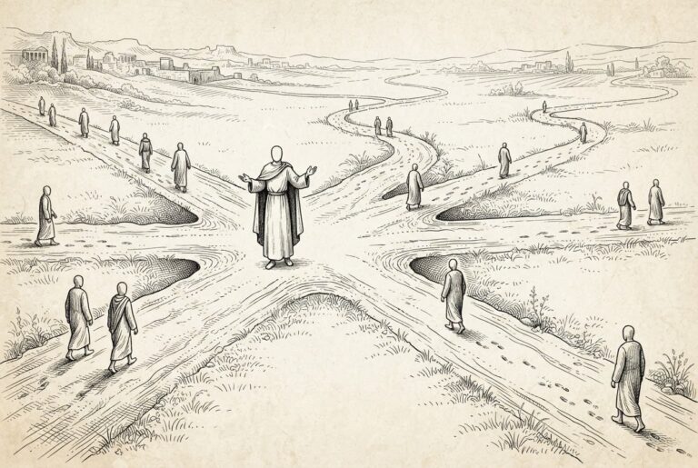Pen-and-ink engraving of a crossroads where multiple paths diverge from a central junction, with a faceless robed figure at the center directing travelers down different routes – the orchestrator who doesn't walk any path but routes others