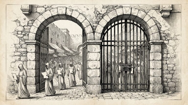 A walled marketplace entrance in pen-and-ink engraving style – some faceless figures pass through an open archway while others stand locked behind a barred gate. Inside, merchant stalls are visible. The selective access of a protocol depicted as a controlled gateway.