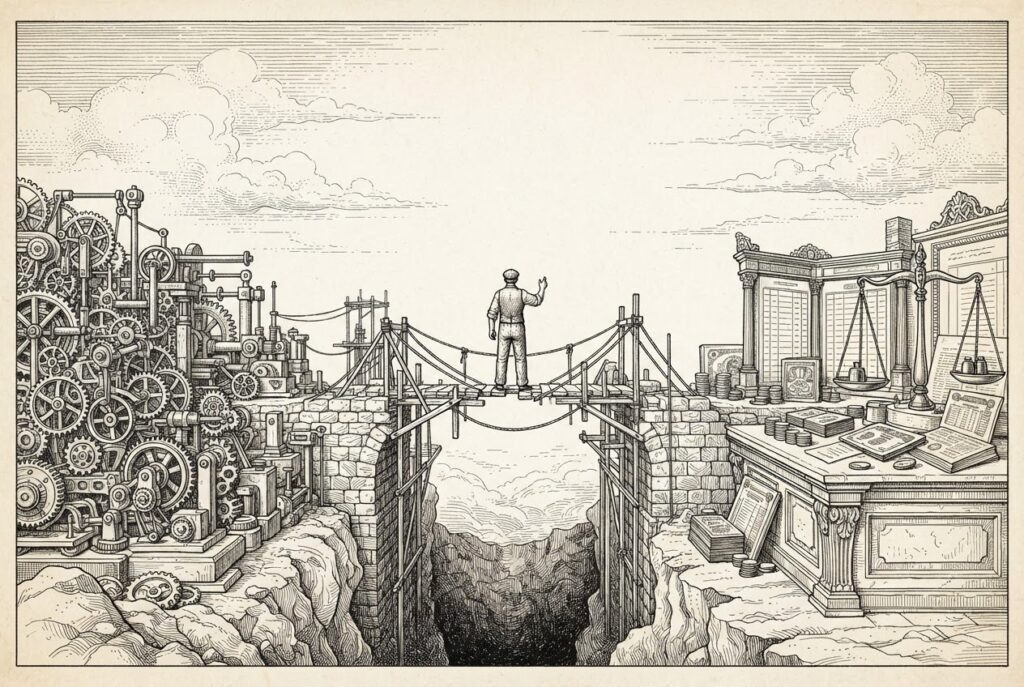 A wide conceptual landscape in monochrome pen-and-ink engraving showing two distinct landmasses — one covered in mechanical gears and apparatus, the other with ledgers and scales — connected by a partially-constructed bridge with a single faceless figure standing at its midpoint.