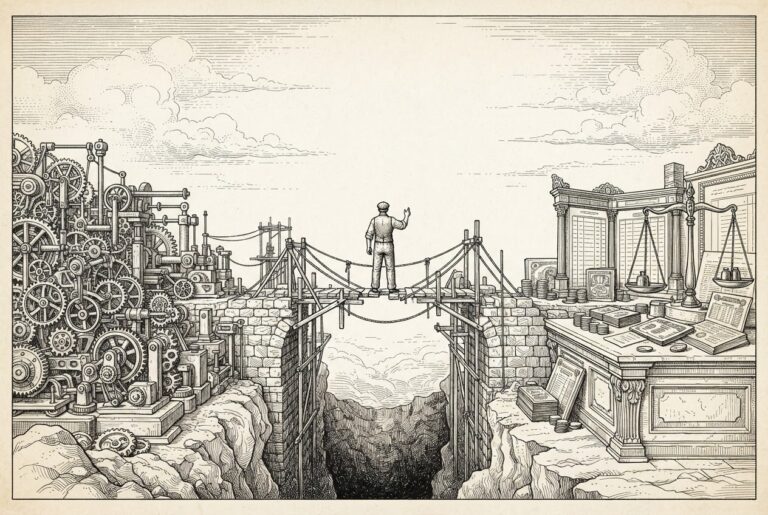 A wide conceptual landscape in monochrome pen-and-ink engraving showing two distinct landmasses — one covered in mechanical gears and apparatus, the other with ledgers and scales — connected by a partially-constructed bridge with a single faceless figure standing at its midpoint.
