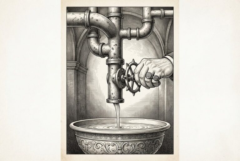 Monochrome pen-and-ink engraving of antique bronze pipes feeding an ornate basin, with a heavy authoritative hand turning a shut-off valve to a trickle - a portrait of stablecoin concentration risk.
