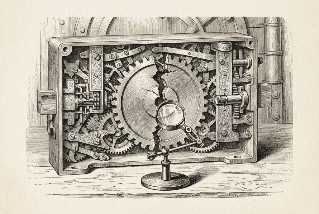 Hand-drawn pen-and-ink engraving of an opened vault lock mechanism in cross-section, its gears exposed, with one large central gear split along a jagged fracture and a jeweler's loupe on a stand magnifying the break.