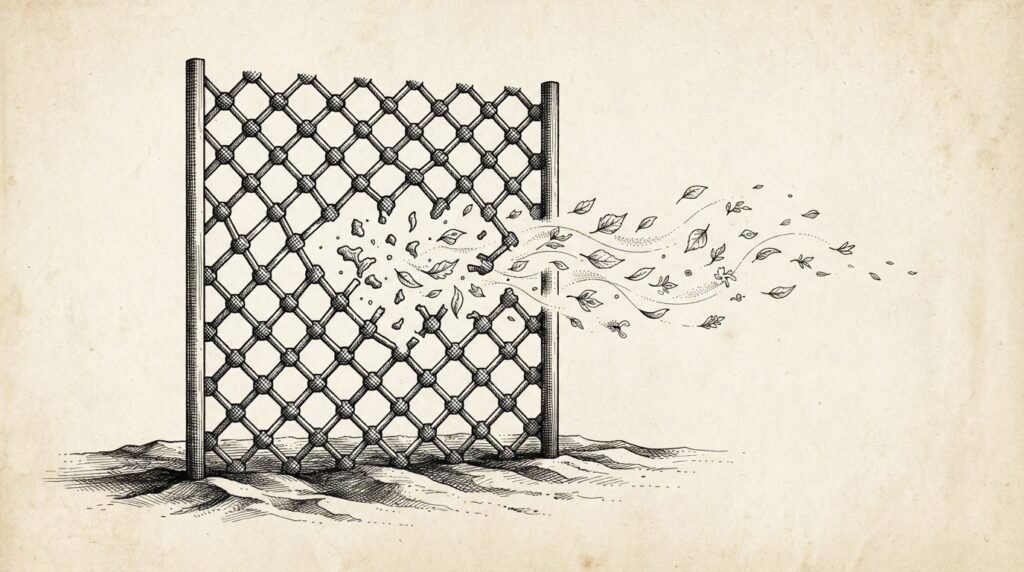 A pen-and-ink engraving of a geometric lattice barrier with gaps opening where nodes have dissolved, small leaf-like forms drifting outward through the openings — representing data leaking through structural gaps in AI agent workflows.
