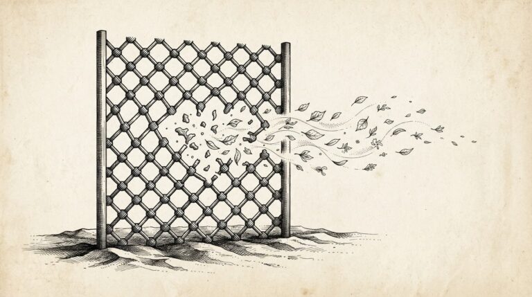 A pen-and-ink engraving of a geometric lattice barrier with gaps opening where nodes have dissolved, small leaf-like forms drifting outward through the openings — representing data leaking through structural gaps in AI agent workflows.