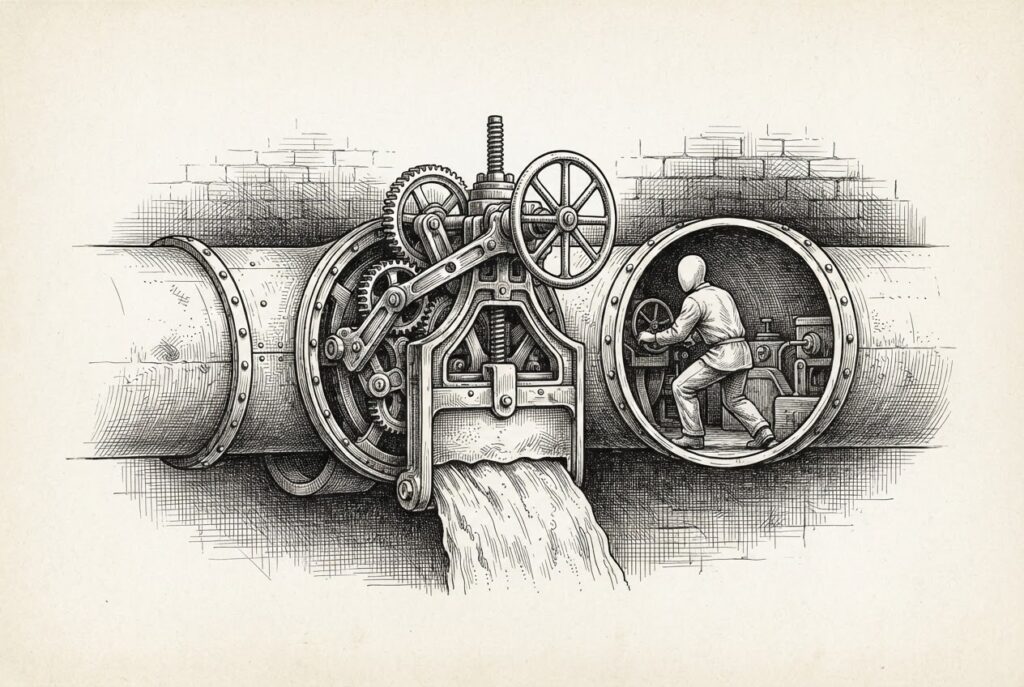 A faceless figure representing an autonomous agent operates inside a pipeline while an ornate valve gate is partially closed behind it, halting the flow mid-stream - the concept of runtime enforcement catching an agent mid-action.