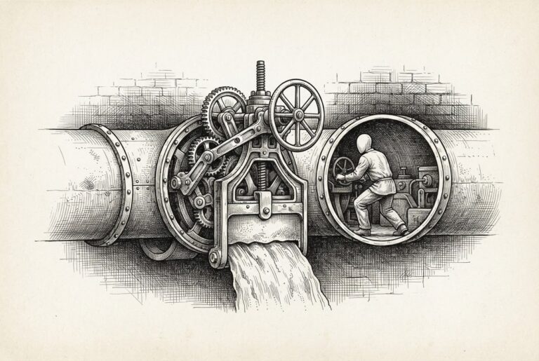 A faceless figure representing an autonomous agent operates inside a pipeline while an ornate valve gate is partially closed behind it, halting the flow mid-stream - the concept of runtime enforcement catching an agent mid-action.