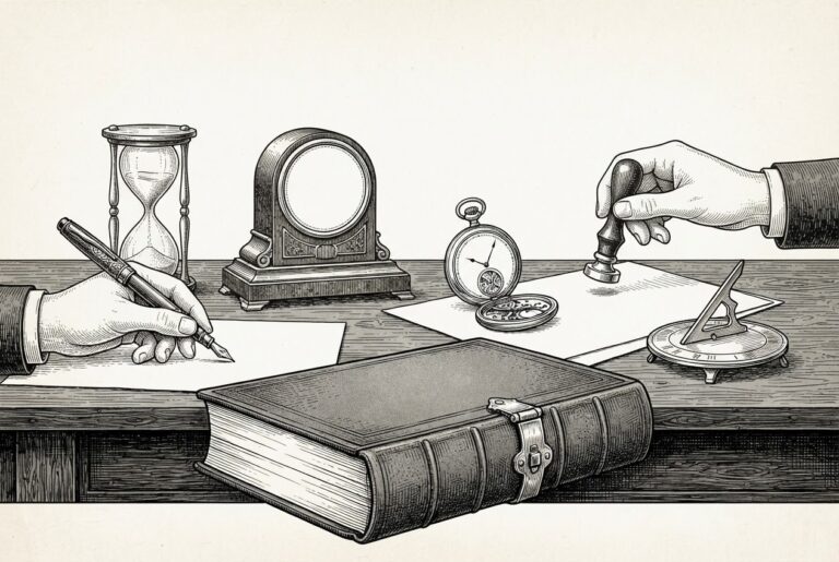 Engraved illustration of four bare-dialed timepieces, an hourglass, a mantel clock, a pocket watch and a sundial, tended by hands holding a fountain pen and a wax seal stamp, while a thick bound statute volume lies closed and clasped in the foreground.
