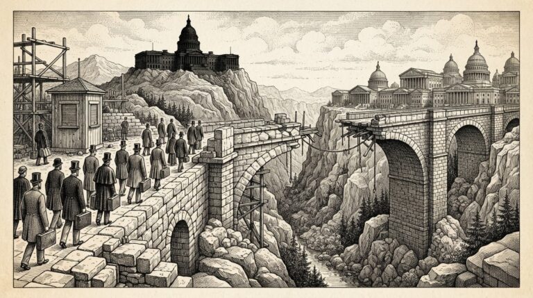A half-built stone toll bridge spans a deep canyon with faceless figures in business attire approaching from one side and classical institutional buildings waiting on the other. The middle section is deliberately incomplete with empty gaps and scaffolding. A dark legislative building sits empty in the distant background.
