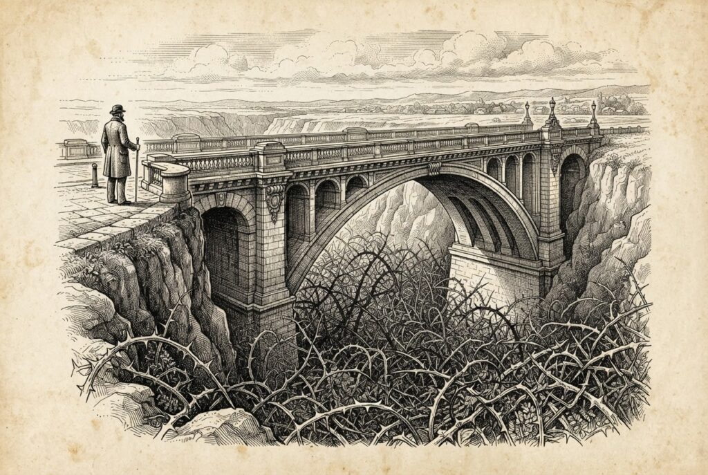A conceptual pen-and-ink engraving of a grand stone bridge representing federal preemption spanning a deep canyon filled with a thorny thicket representing the state regulatory patchwork, with a figure at the edge. Monochrome, warm aged paper, visible cross-hatching, no text.