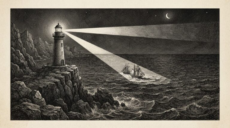 A lighthouse on a rocky coast casting a narrow beam across a dark ocean, illuminating only a thin strip of water while the vast surrounding darkness remains unseen
