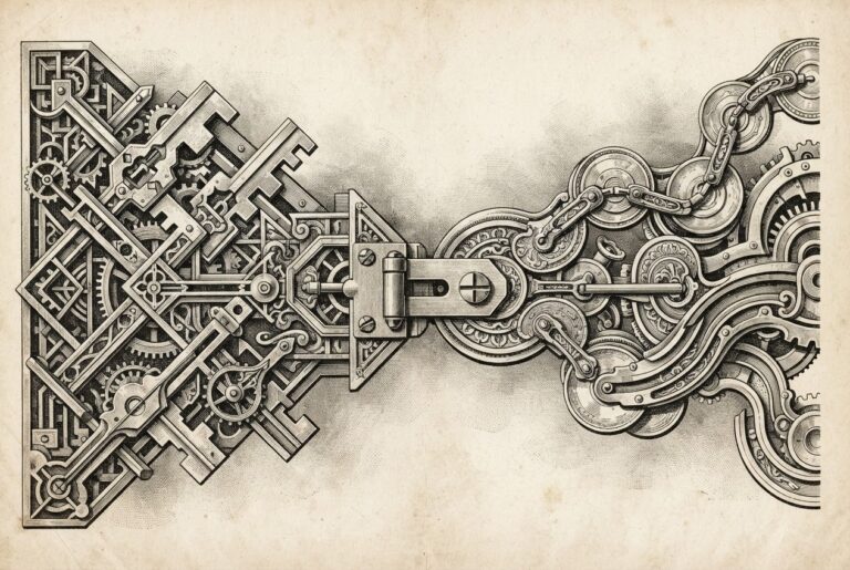 Two intricate interlocking structures in pen-and-ink on warm paper: one dense and angular representing identity credentials, the other fluid and segmented representing digital value, uniting at a single alignment point where a distinct latch clicks into place.