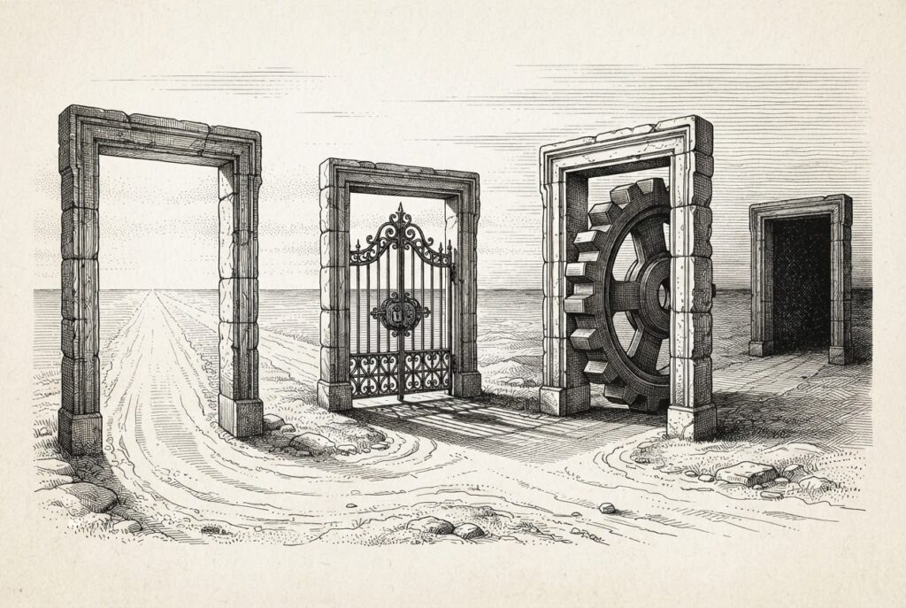 An engraving of an ancient stone crossroads with four ornate stone doorframes. Through one frame, a wide-open path leads to a bright horizon (unrestricted); a second is blocked by a heavy iron toll gate with a large lock (revenue-gated); a third is obstructed by a massive, monolithic interlocking gear (hardware-aligned).