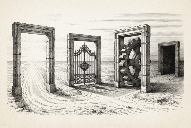 An engraving of an ancient stone crossroads with four ornate stone doorframes. Through one frame, a wide-open path leads to a bright horizon (unrestricted); a second is blocked by a heavy iron toll gate with a large lock (revenue-gated); a third is obstructed by a massive, monolithic interlocking gear (hardware-aligned).