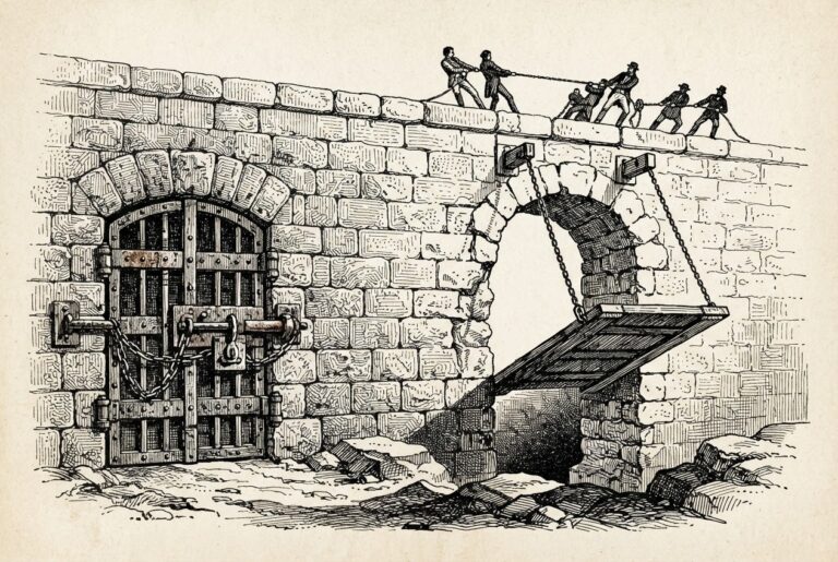 Pen-and-ink engraving of a massive stone wall with a sealed iron gate on the left and a new arched opening with a half-lowered drawbridge on the right, figures pulling chains trying to raise it