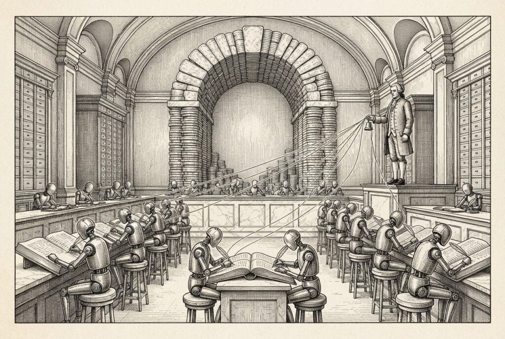 A monochrome pen-and-ink engraving of a grand counting house where small faceless mechanical figures write in ledgers at clerks' stools while one human figure at a raised supervisor desk holds a bell, a fine thread connecting the human hand to each clerk, with coins stacked like masonry in the arch behind.