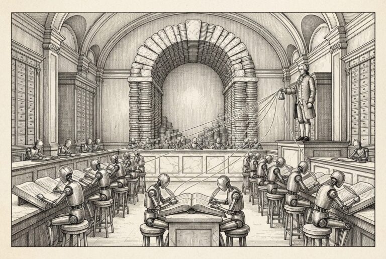 A monochrome pen-and-ink engraving of a grand counting house where small faceless mechanical figures write in ledgers at clerks' stools while one human figure at a raised supervisor desk holds a bell, a fine thread connecting the human hand to each clerk, with coins stacked like masonry in the arch behind.