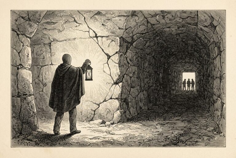 A translucent guardian figure walks in lockstep behind a small autonomous figure on a barren plain while distant watchers cannot see the protector — runtime security protecting the agent from within.