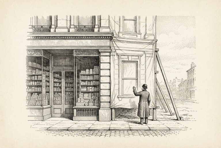 Engraving of a street facade half-built in solid stone with stocked display windows and half only a painted canvas flat propped on timber braces, a lone shopper reaching toward the painted window that has no depth behind it.