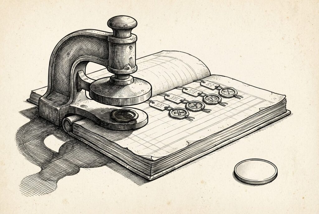 Pen-and-ink engraving of an antique seal press stamping a token in an open registry ledger, its shadow stopping short of a plain coin lying beyond the ledger's edge.
