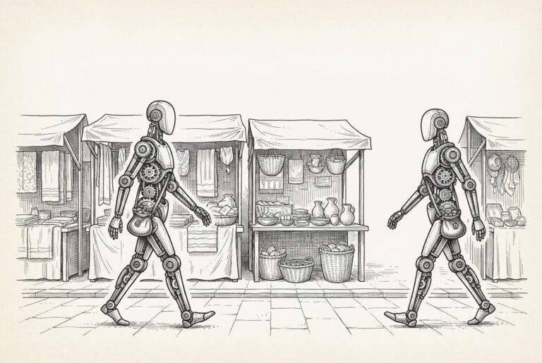 Monochrome pen-and-ink engraving of two faceless mechanical automaton figures carrying sealed leather pouches walking past open-air market stalls with goods laid out but no merchants at the counters.