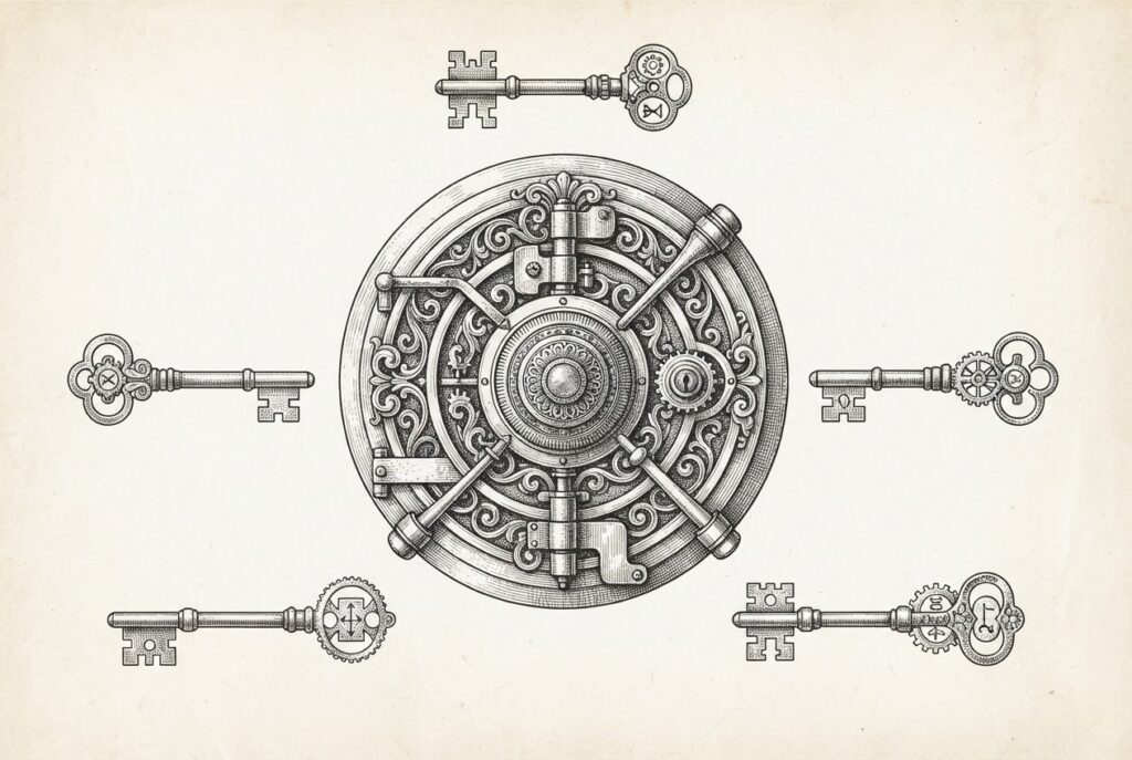 Monochrome pen-and-ink scientific plate of a massive ornate merchant vault lock surrounded by multiple intricately engraved mechanical keys representing the different surfaces of agentic commerce optimization.