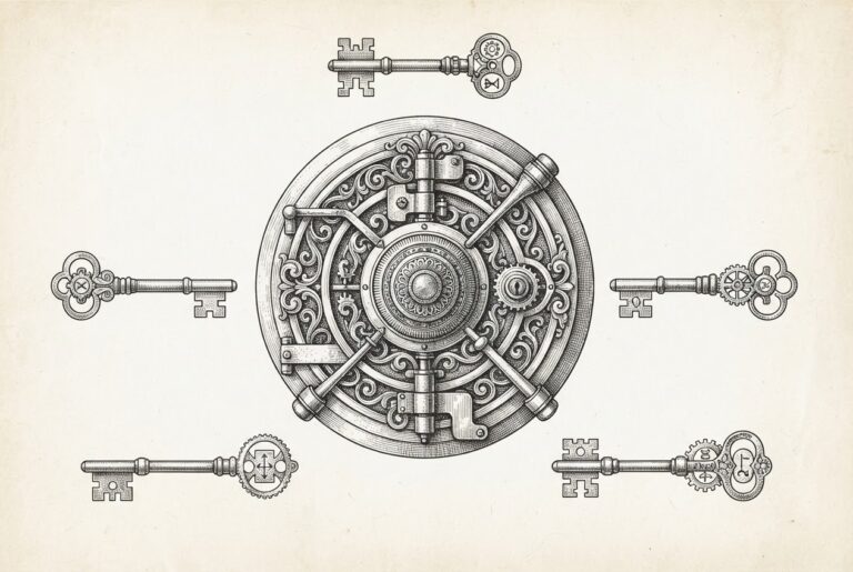 Monochrome pen-and-ink scientific plate of a massive ornate merchant vault lock surrounded by multiple intricately engraved mechanical keys representing the different surfaces of agentic commerce optimization.