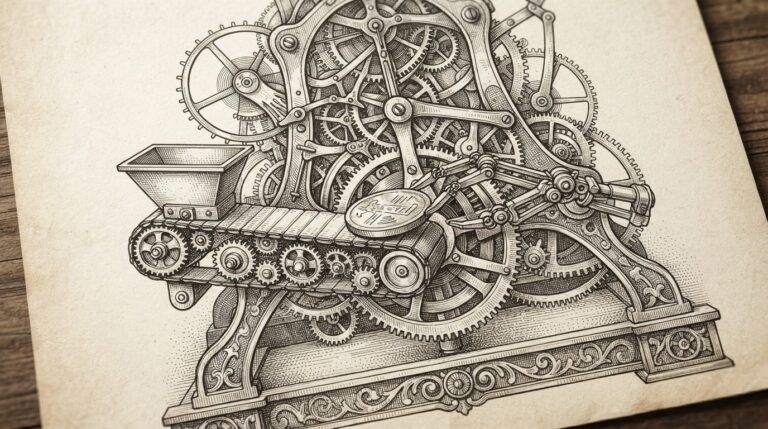 A complex mechanical clockwork mechanism with interlocking gears and a coin being transferred by autonomous mechanical arms — representing autonomous financial transactions without human oversight