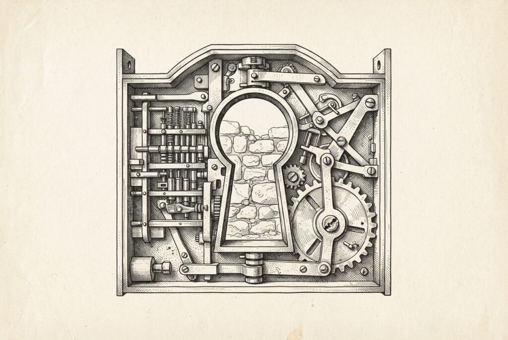 Pen-and-ink engraving of a massive ornate keyhole mechanism shown in cross-section, its intricate tumblers and internal workings visible, with rough unfinished stonework visible through the opening