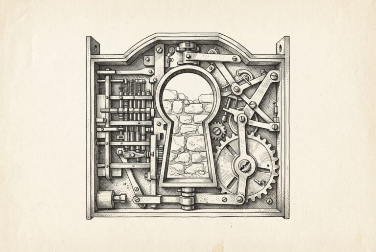 Pen-and-ink engraving of a massive ornate keyhole mechanism shown in cross-section, its intricate tumblers and internal workings visible, with rough unfinished stonework visible through the opening