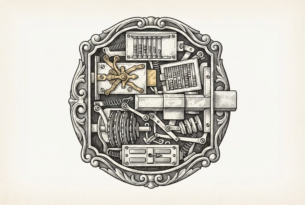 Five blacksmiths in a stone forge workshop each hammering a separate piece of armor on different anvils — five incompatible security approaches built separately, none fitting together