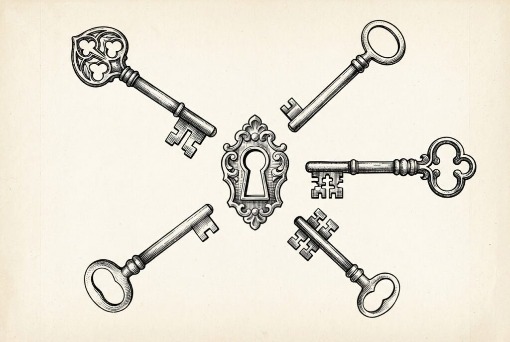 Five antique keys of radically different shapes - a church key, a ward key, a hollow-shaft key, a cruciform key, and a skeleton key - arranged radially toward a single ornate keyhole that none of them can open, representing five incompatible security approaches converging on the same infrastructure layer