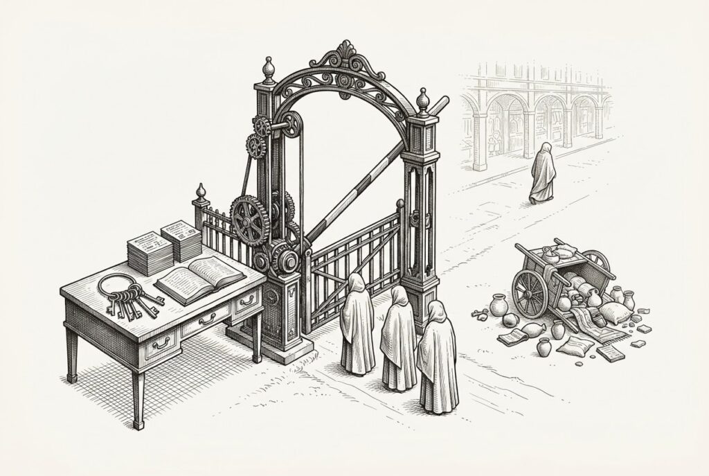 Monochrome pen-and-ink engraving of an ornate mechanical toll gate on a merchant road, operated from a desk of keys and an open ledger, with cloaked faceless figures waiting to pass and a small spilled cart of goods lying untended outside the gate line.