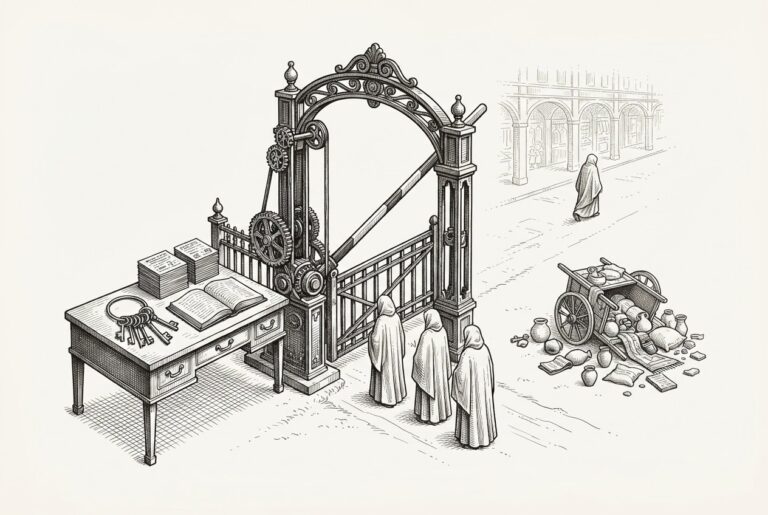 Monochrome pen-and-ink engraving of an ornate mechanical toll gate on a merchant road, operated from a desk of keys and an open ledger, with cloaked faceless figures waiting to pass and a small spilled cart of goods lying untended outside the gate line.