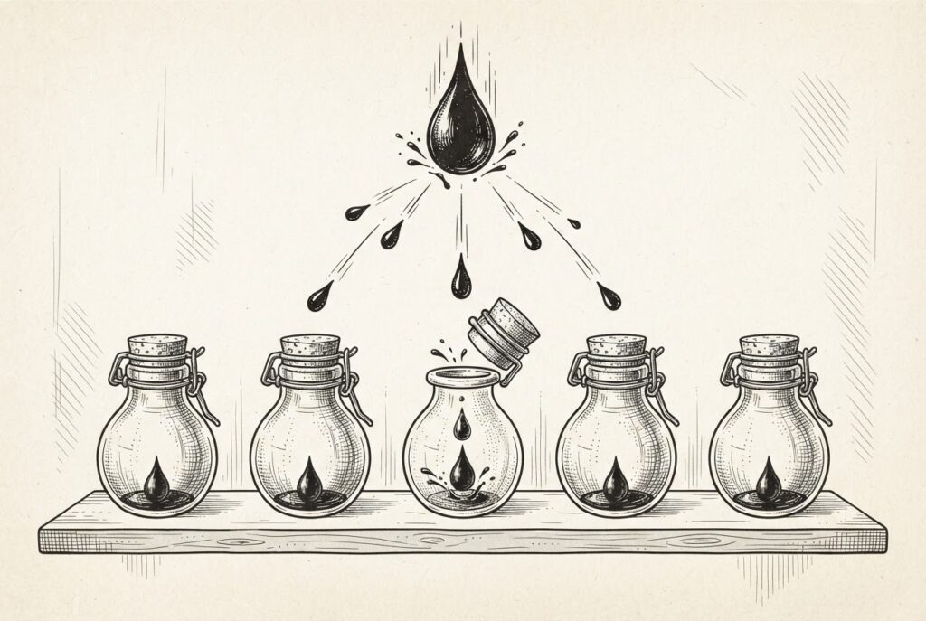 A pen-and-ink engraving of a tree trunk splitting into multiple branches, each enclosed in its own glass dome, symbolizing the copy-on-write fork pattern that creates isolated execution environments from a shared baseline.