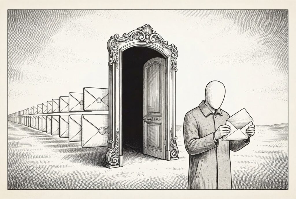 A faceless figure in a plain coat holds open an empty envelope while a long row of identical sealed envelopes stretches into the distance behind an ornate empty frame, allegory for deployment without measurement.