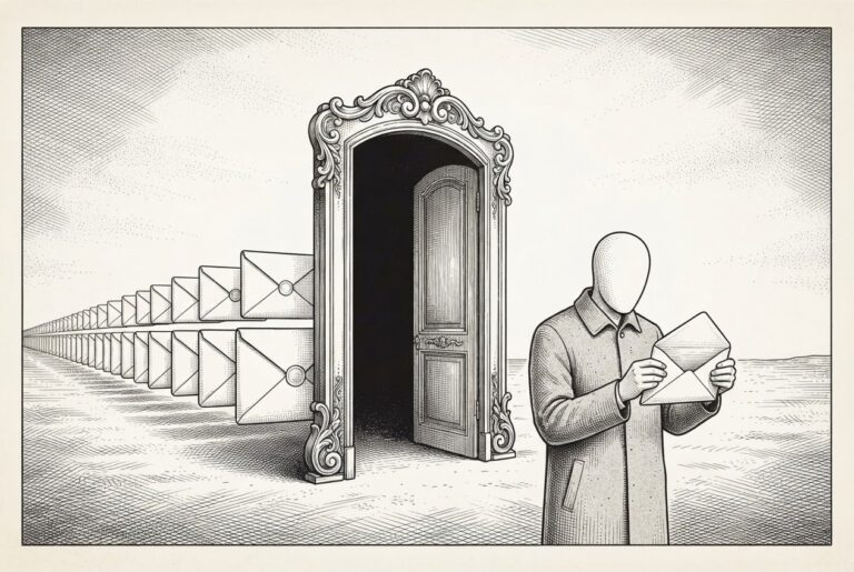 A faceless figure in a plain coat holds open an empty envelope while a long row of identical sealed envelopes stretches into the distance behind an ornate empty frame, allegory for deployment without measurement.