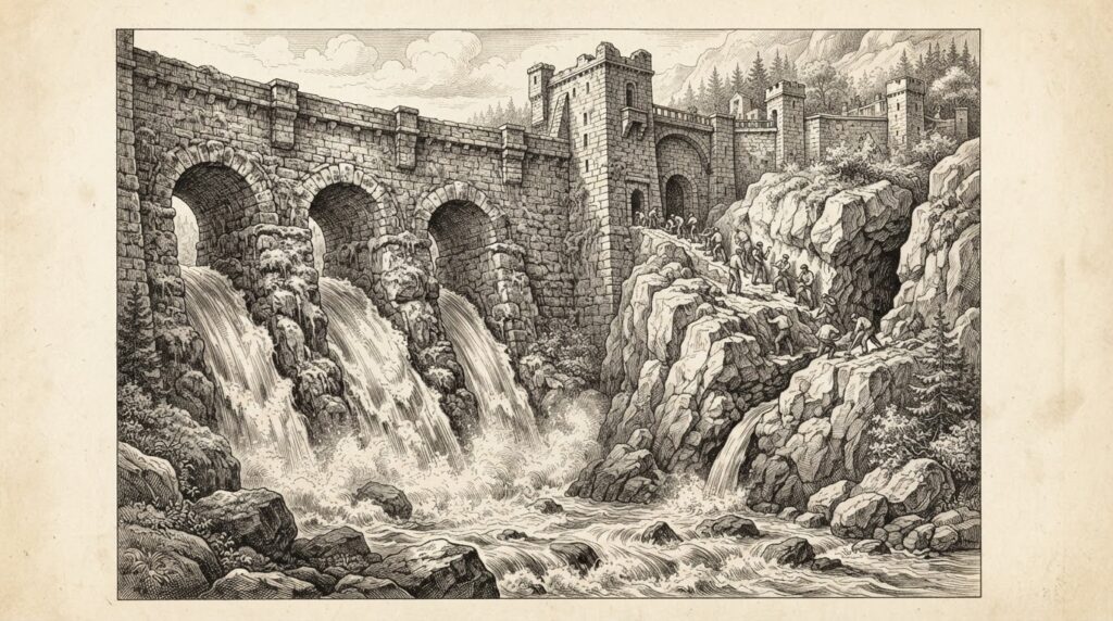 An ancient stone dam with three old spillways and a new fourth channel being carved through the rock - enterprise ERP adding stablecoin settlement alongside traditional payment rails.