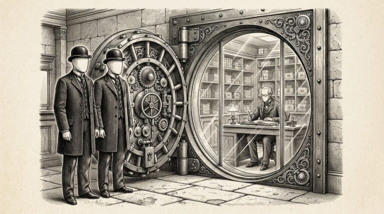 Monochrome engraving of autonomous agents observing a financial trading floor through a transparent barrier, unable to access the instruments of exchange