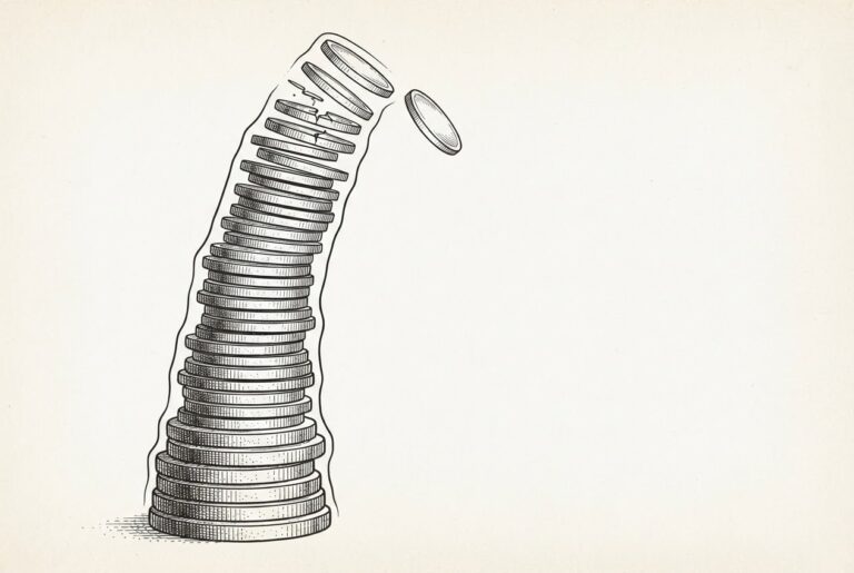 Pen-and-ink engraving of a tall tower of stacked coins visibly swaying under its own weight, with cracks near the top and a coin tumbling away - the structural fragility of 3x leveraged crypto exposure