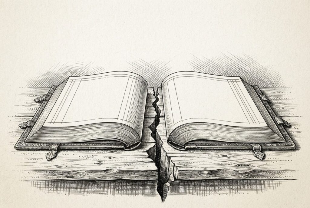 Engraving of two ornate open ledger books with entirely blank pages, sitting on a surface with a visible crack running between them, suggesting the absence of recorded obligations in two parallel regulatory frameworks.