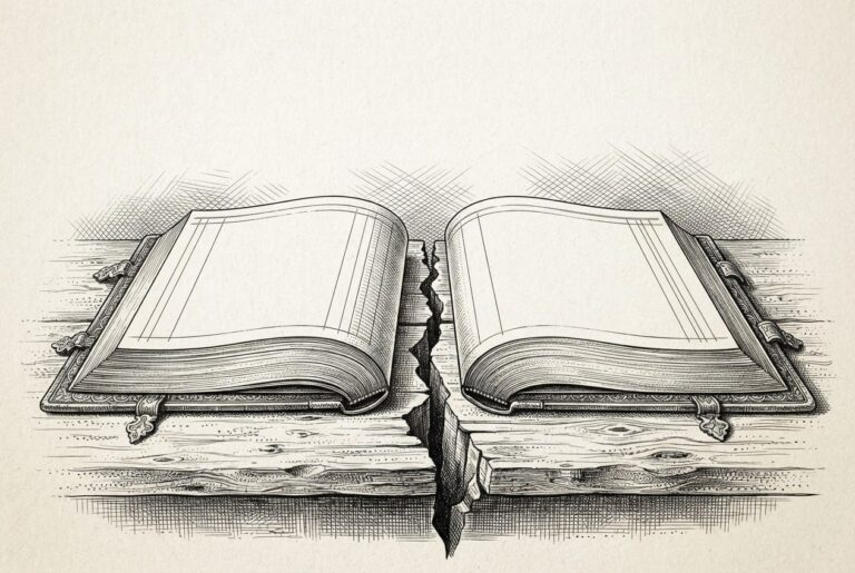 Engraving of two ornate open ledger books with entirely blank pages, sitting on a surface with a visible crack running between them, suggesting the absence of recorded obligations in two parallel regulatory frameworks.