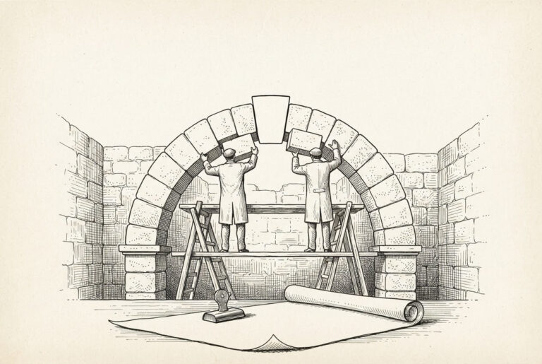 Engraved illustration of two figures assembling a stone arch from separate blocks while an unused legislative blueprint lies pinned beneath a paperweight.