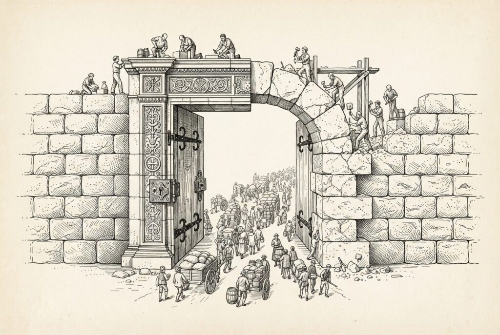 Pen-and-ink engraving of a stone wall with an open arched passage where figures and carts flow freely, while masons construct an ornate formal gate frame around the passage - half-finished gate representing regulatory infrastructure being built around an already-functioning market