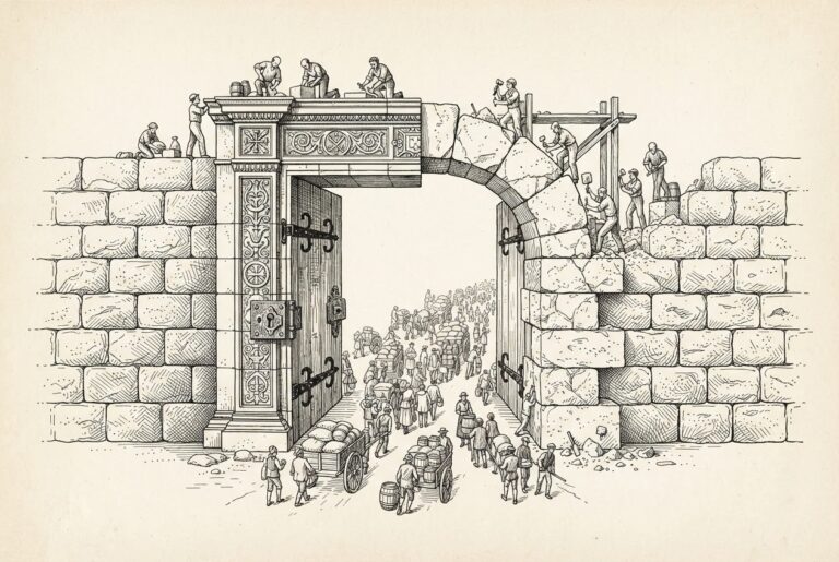 Pen-and-ink engraving of a stone wall with an open arched passage where figures and carts flow freely, while masons construct an ornate formal gate frame around the passage - half-finished gate representing regulatory infrastructure being built around an already-functioning market