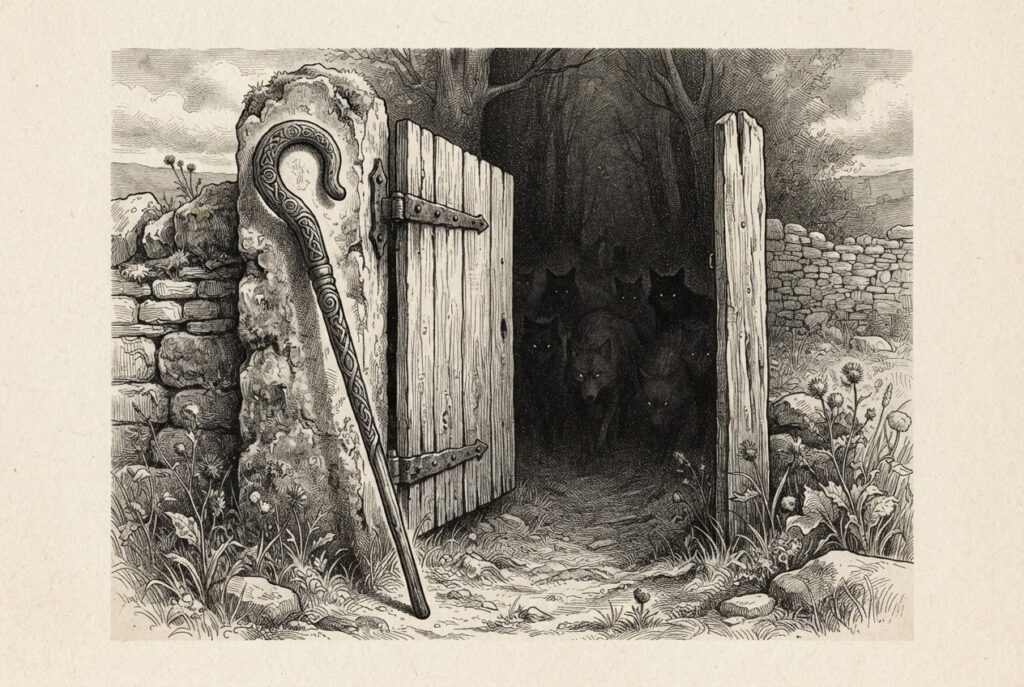 An empty shepherd's crook leaning against a stone gatepost while shadowy wolves gather beyond the open gate - the absent guardian of autonomous agent oversight